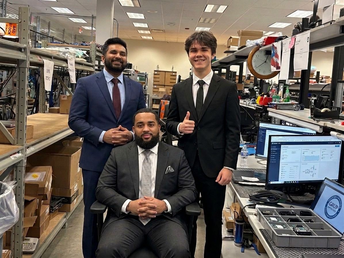 The three Last Boot founders in suits, standing and seated between a parts shelf and a repair bench